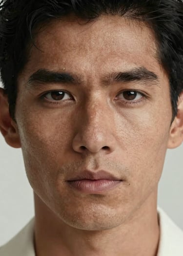 A sophisticated close-up portrait of a South American / Brazilian man with an elegant and intense gaze. The composition is minimalist, using off-white and cool light gray tones to create a high-end, editorial feel.