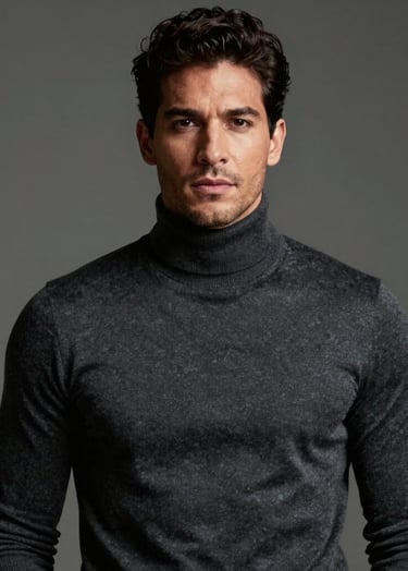 Medium shot of a handsome man looking confidently at the camera, South American / Brazilian appearance, wearing a dark gray turtleneck, elegant and clean composition.