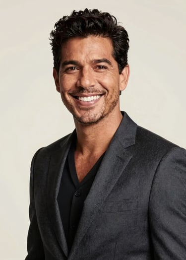 Professional studio portrait of a charismatic South American / Brazilian man with a warm smile, wearing a sharp tailored blazer. The background is a clean off-white. Lighting is soft and professional, highlighting a friendly presence.
