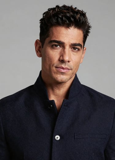A high-end studio portrait of a charismatic South American / Brazilian man with a modern hairstyle, wearing a stylish dark navy jacket. The lighting is soft and professional, set against a clean slate gray background, exuding a sophisticated and approachable mood.