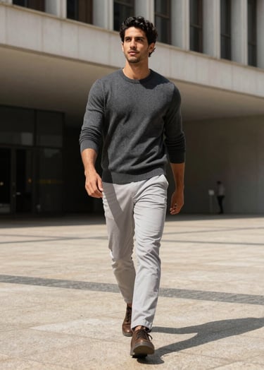 Dynamic street style photography of a male model walking through a modern architectural plaza in São Paulo. Bold lighting, wearing charcoal and light gray garments, exuding confidence and professional charisma.