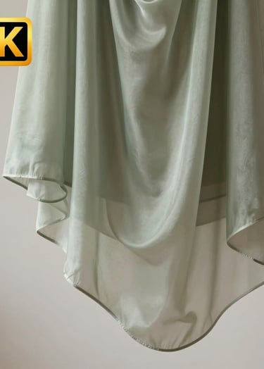 A sophisticated close-up photograph of multi-layered translucent silk fabric hanging in a minimalist studio. The fabric is a pale sage color, catching soft light to reveal its delicate texture and overlapping shadows against a soft off-white background.