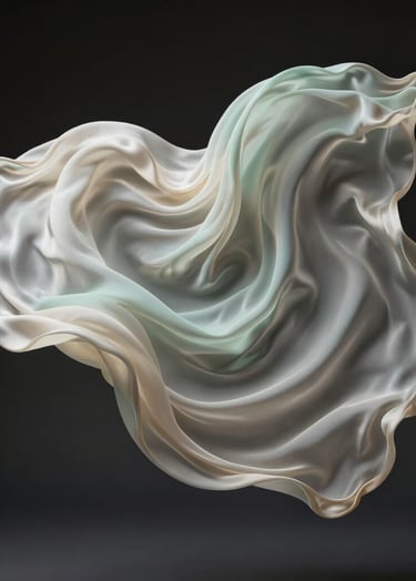 An ethereal photograph of silk fabric suspended in the air, rippling like a nebula. The lighting is low-key, featuring soft off-white and pale celadon hues against a dark background.