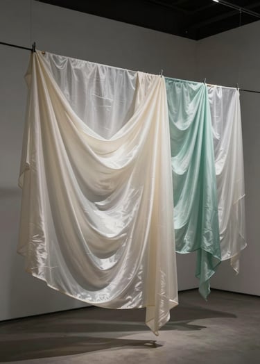 A sophisticated photograph of several layers of translucent silk hanging in a minimalist gallery. The colors are soft off-white and pale celadon, creating a sense of depth and time.