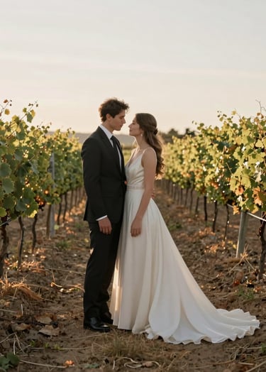 A vertical full-body portrait of a couple in elegant wedding attire standing amidst a North American / European style vineyard. The lighting is soft golden hour, with the bride's dress reflecting a soft cream hue against the muted taupe earth.