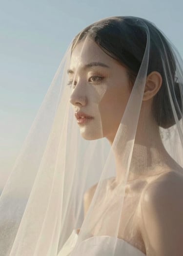 A detailed close-up shot of a sheer minimalist off-white bridal veil catching the wind. Photographed against a clear, soft-toned sky. Clean, professional photography with a luxurious feel.