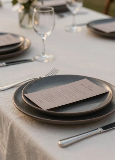 A detail shot of an outdoor dinner table at a North American / European wedding. Soft cream linens are paired with dark charcoal ceramic plates and muted taupe menus. The scene is illuminated by the soft glow of dusk.