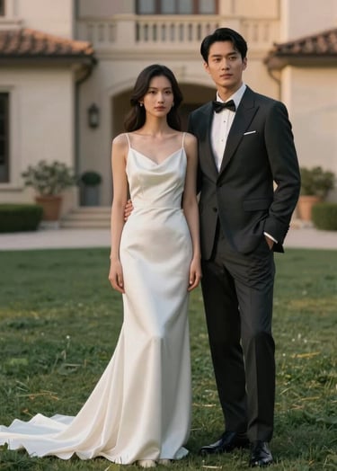 A vertical portrait of a sophisticated couple in a North American / European estate garden. The bride wears a minimalist silk gown in minimalist off-white, and the groom is in a charcoal black tuxedo. Soft, diffused evening light, warm taupe accents in the background architecture.