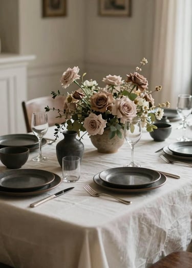 A professional photograph of a curated wedding dinner table in a North American / European estate. The table is dressed in an off-white cloth with dark charcoal ceramics and muted taupe floral centerpieces. Natural light creates a clear and impactful aesthetic.