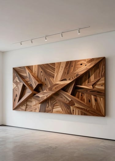 A wide interior shot of a contemporary North American home featuring a large wall-mounted wood sculpture by Golestan Timber Arts. The room has high ceilings, white walls, and clean architectural lines, creating a serene, museum-like atmosphere with soft, natural lighting.