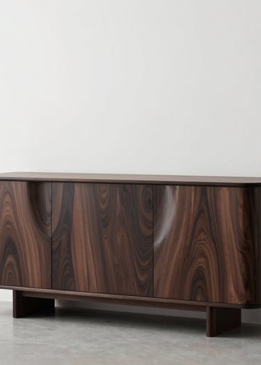 A professional studio photograph of a sleek, limited-edition Black Walnut credenza with organic, flowing lines. The piece is set against a stark white gallery wall in a minimalist North American setting. Lighting is soft and architectural, highlighting the wood grain.