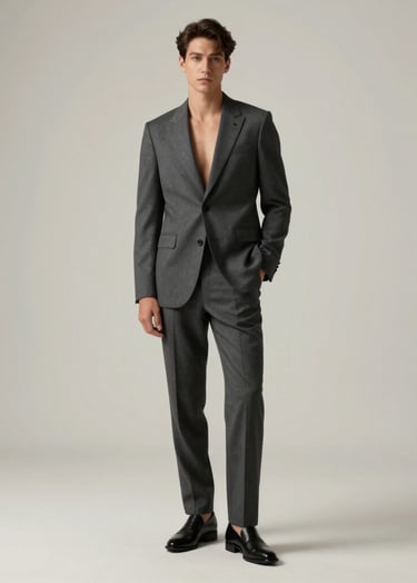 A striking full-length studio portrait of a subject in a minimalist charcoal suit, standing against an off-white background. The lighting is sophisticated and directional, creating soft shadows. The style is modern, professional, and elegant, reflecting an International / Professional aesthetic.