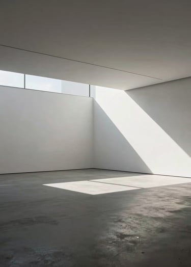 Wide-angle architectural photography of a minimalist gallery space with sharp geometric shadows and white walls. High precision and sophisticated atmosphere. International / Professional.