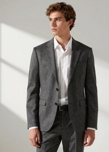 High-fashion lifestyle shot in a bright, modern studio with white walls and soft shadows, featuring a subject in sophisticated attire, International / Professional style.