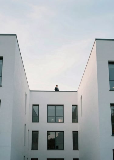 A clean composition showing modern white and light gray architecture against a soft sky, with a professional subject in the distance, minimalist International / Professional style.