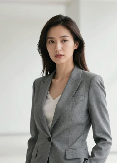 A sleek professional portrait of a woman in an architectural setting with clean lines and soft lighting. Palette of white and gray. International / Professional.