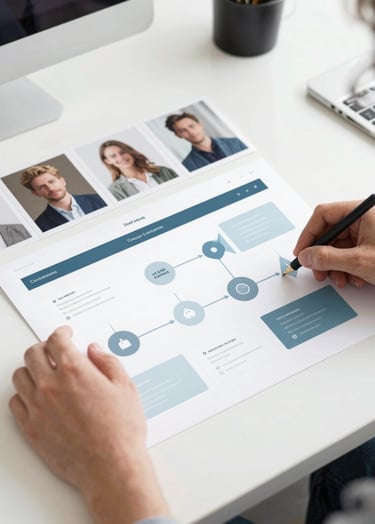 A top-down view of a bright Scandinavian style office desk. A moodboard with actor headshots and fabric swatches is visible. Hands are arranging a strategic content plan. Use colors #74A8AE and #ECF3F4.