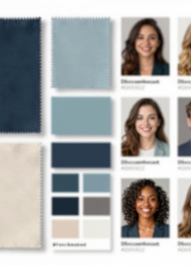 Detailed shot of a mood board in the Dbocaenbocast agency. It features fabric swatches, color palettes in #74A8AE and #0B1E22, and headshots of diverse talent. The lighting is warm and natural, creating an inviting, professional mood.