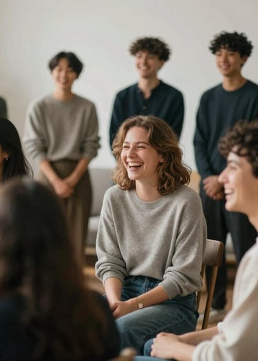 A diverse group of young actors laughing and interacting naturally during a casting session. Soft, high-end fashion lighting. Scandinavian cozy interior design.