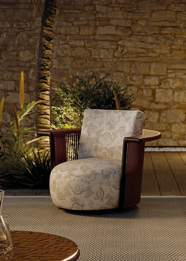 Comfortable outdoor seating with patterned cushions, natural textures and lounge chair design for re