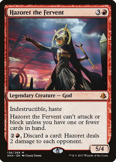 Hazoret the Fervent Magic: The Gathering card featuring a jackal-headed Egyptian god deity against a sunset.