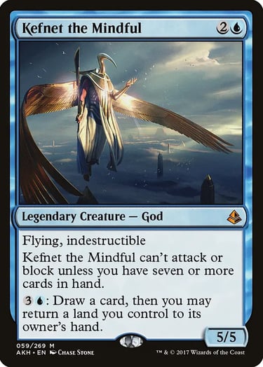 Kefnet the Mindful Magic: The Gathering trading card showing a blue god creature with golden wings.