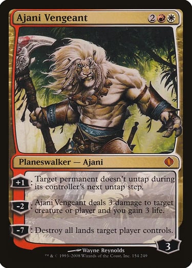 Ajani Vengeant Magic the Gathering planeswalker card featuring a white leonin warrior with an axe.
