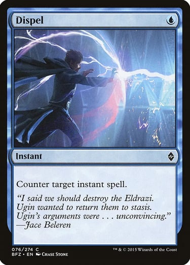 Magic: The Gathering Dispel card from Battle for Zendikar showing Jace Beleren countering a spell.