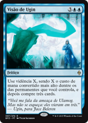 Portuguese Magic: The Gathering card Visão de Ugin showing Jace Beleren facing Ugin's spirit.