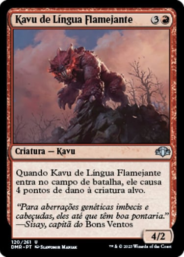 Portuguese Magic: The Gathering card Kavu de Língua Flamejante featuring a red creature on a rocky landscape.