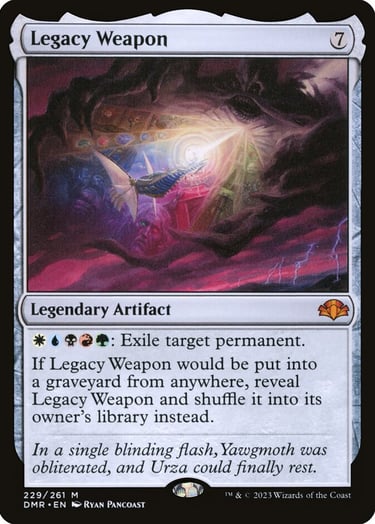 Legacy Weapon Magic: The Gathering card featuring Urza and colorful artifacts emitting a beam of light.