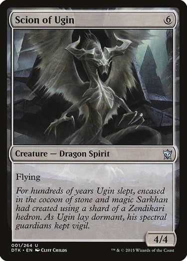 Scion of Ugin Magic the Gathering card featuring a spectral dragon spirit with wings and horns.