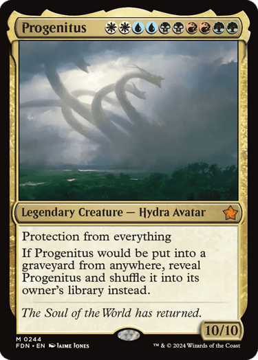 Progenitus Magic the Gathering card featuring a multi-headed hydra avatar rising over a landscape.