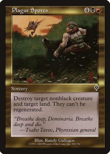 Magic: The Gathering Plague Spores card featuring fantasy art of a warrior leaping over dark gas.