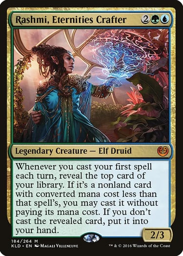 Rashmi, Eternities Crafter Magic: The Gathering card featuring an Elf Druid casting blue energy magic spells.