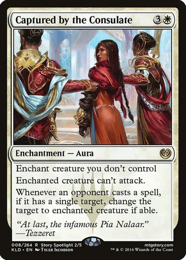 Captured by the Consulate Magic: The Gathering card showing Pia Nalaar being arrested by two Kaladesh soldiers.