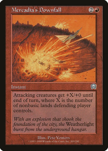 Mercadia's Downfall Magic: The Gathering card featuring the Weatherlight ship escaping an explosion.