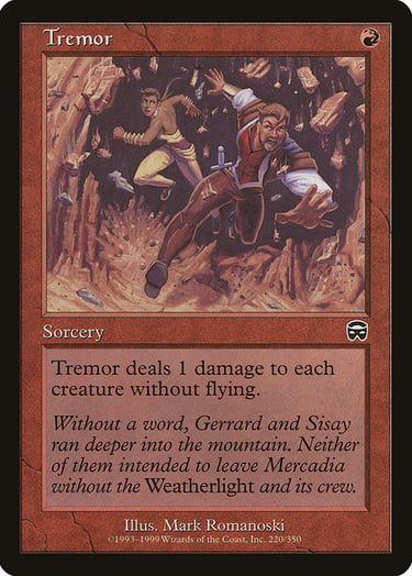 Tremor Magic: The Gathering card featuring Gerrard and Sisay escaping a mountain rockfall.