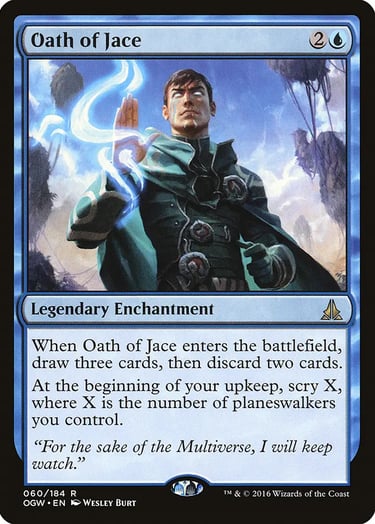 Oath of Jace Magic: The Gathering card featuring Jace Beleren using blue magic energy.
