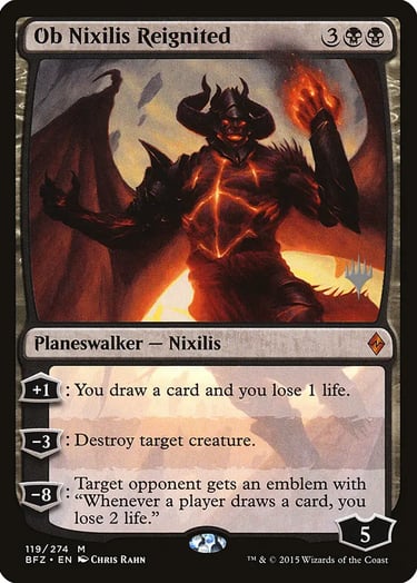 Ob Nixilis Reignited Magic: The Gathering planeswalker card featuring a demonic figure with wings and glowing fire.