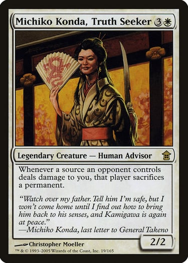 Michiko Konda Truth Seeker Magic: The Gathering card featuring a woman with a dragon fan.