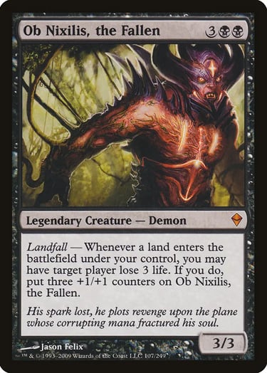 Ob Nixilis, the Fallen Magic: The Gathering card featuring a powerful demon with glowing horns.
