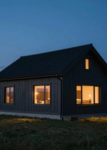 The Cedar Cottage at dusk. The charcoal exterior (#2F4F4F) is silhouetted against a deep blue sky, while warm terracotta-toned lights (#B85C3D) glow from within the large windows. The scene is peaceful and inviting.