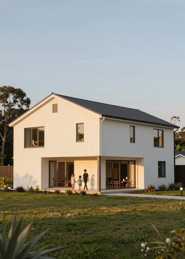 Cinematic wide shot of a modern cedar-clad home. Golden hour sunlight bathes the off-white walls (#F9F6EE) in a warm glow. A young family is seen in the distance on the lawn, creating a sense of authentic living. Soft, professional architectural photography.