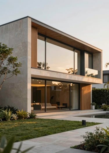 A cinematic, wide-angle shot of a modern architectural extension during the golden hour. The building features large glass windows reflecting a lush garden, with warm #F9F6EE stone and wood accents. Soft, sun-drenched lighting creates a welcoming atmosphere.