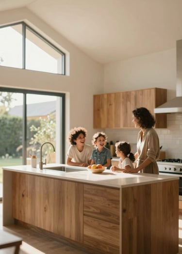 A cinematic, sun-drenched architectural photograph of a modern home interior. A young family is laughing together in a kitchen with warm light spilling through large windows. The palette features soft #F9F6EE walls and natural #8D6B5F wood textures.