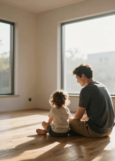 A cinematic, candid shot of a father and young child sitting on a wooden floor in a bright, modern room. The sun streams in through large windows, creating soft lens flares. The room features warm #8D6B5F wood tones and #F9F6EE walls. High-end architectural photography style.