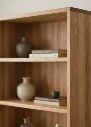 Interior detail of a bespoke wooden shelving unit. Soft, warm lighting emphasizes the craftsmanship. A few personal family items are tucked into the shelves, adding a personal storytelling touch.