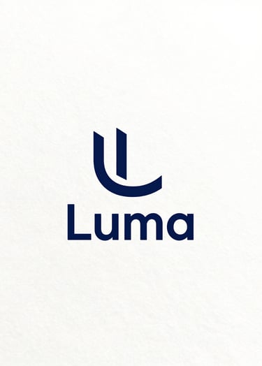 Sophisticated minimalist logo for Luma, centered on high-end heavy-weight paper. Professional lighting, using #0F1E2E on a clean #F8F8F4 background.