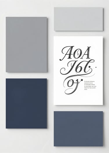 A top-down view of a designer's process: several swatches of paper in #A0A696, #4A5763, and #0F1E2E arranged neatly next to a typographic sketch. The composition is airy and minimalist, with plenty of white space. The lighting is bright and even, highlighting the professional creative workspace.